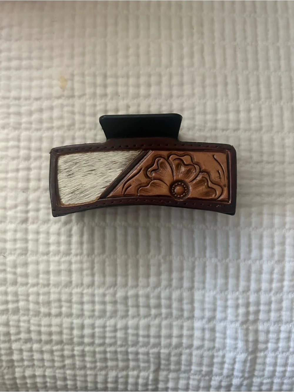 Leather Floral Hair Clip with Cowhide Accent - Brown & White